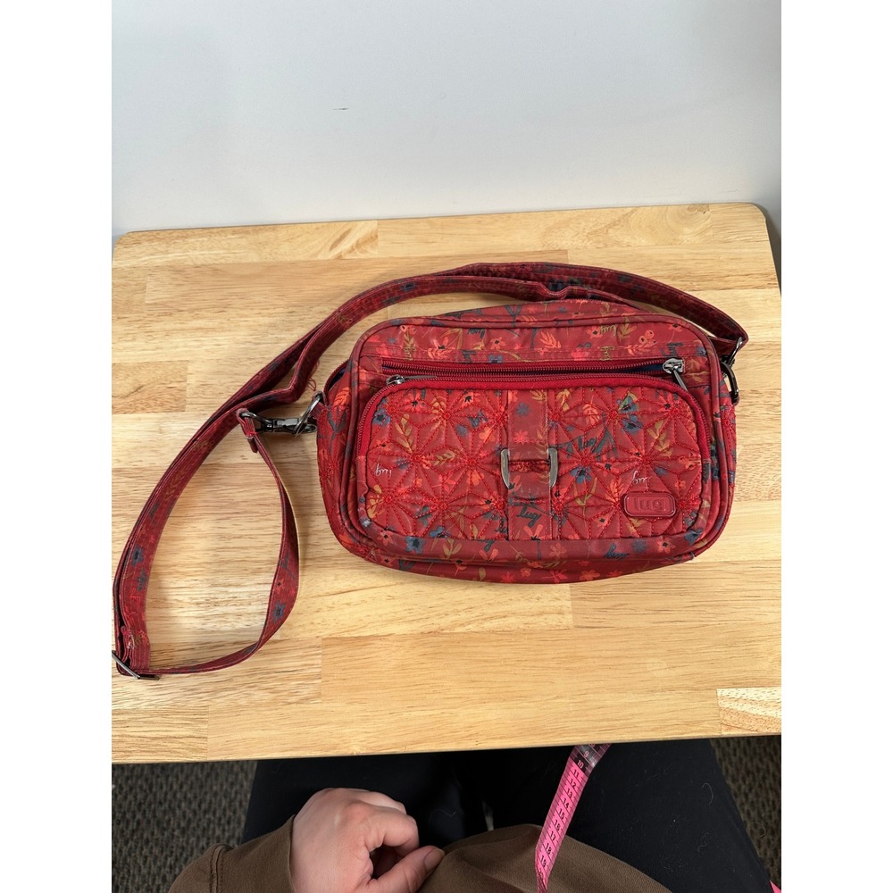 LUG Red Floral Crossbody Bag Quilted Travel Utility Bag Small Purse/Organizer